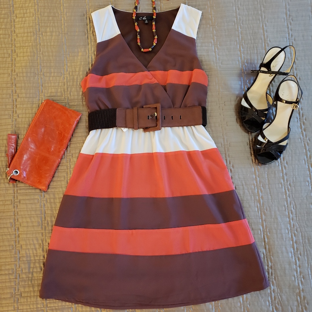 Brown, orange, cream sleeveless V neck sundress